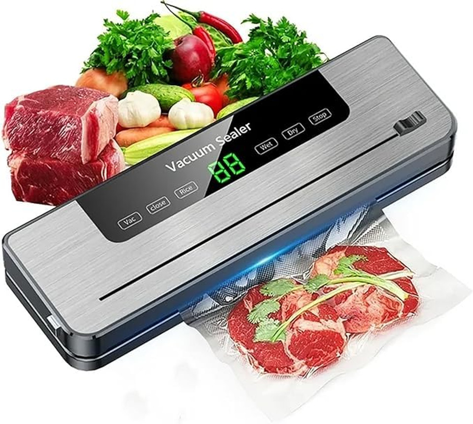 Gray vacuum sealer with LED display, dry and moist modes for fresh food preservation.