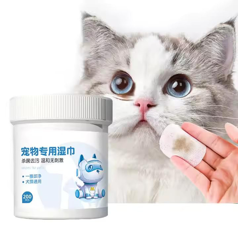A package of pet cleaning wipes labeled for use on multiple areas, including paws, ears, and eyes, with an image of a dog and cat on the packaging.​