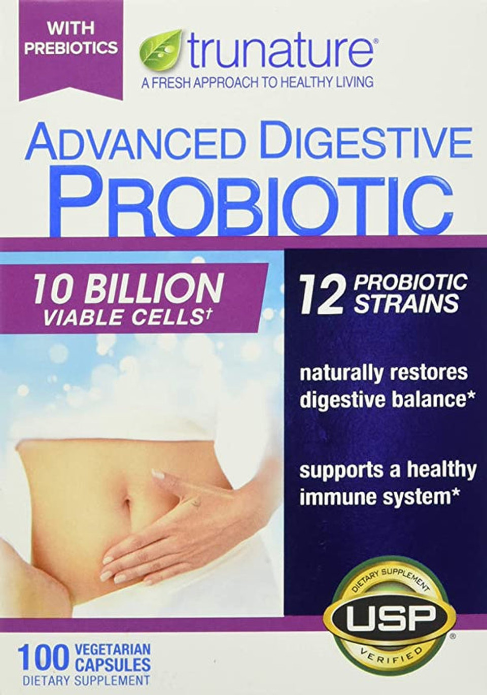 A white box labeled "TruNature Advanced Digestive Probiotic" featuring highlights such as "10 Billion Viable Cells†," "12 Probiotic Strains," and "100 Vegetarian Capsules." The packaging also notes benefits like "Helps support: Digestive health* Immune health*," and displays the USP Verified mark.​