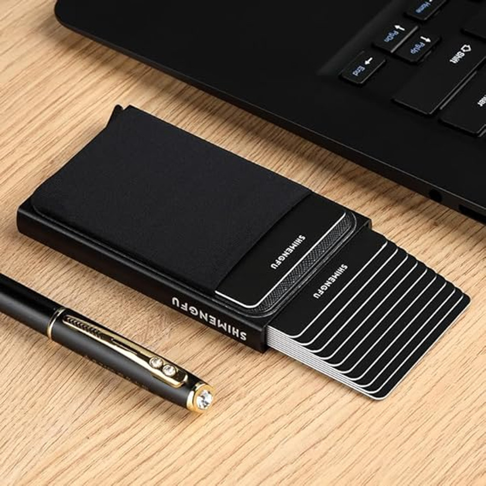 VALUEVIBES Card Case, Slim Card Holder Wallet, RFID Blocking Metal Pop-Up Credit Card Case, 12-Card Capacity Minimalist Wallet for Men (Black)