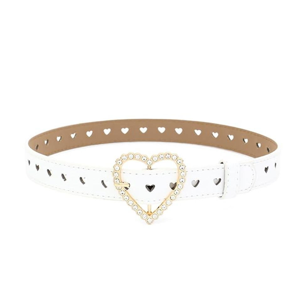 Girls' Leather Belt with Sparkling Heart Buckle – Adjustable Waist Fit for Jeans or Dresses