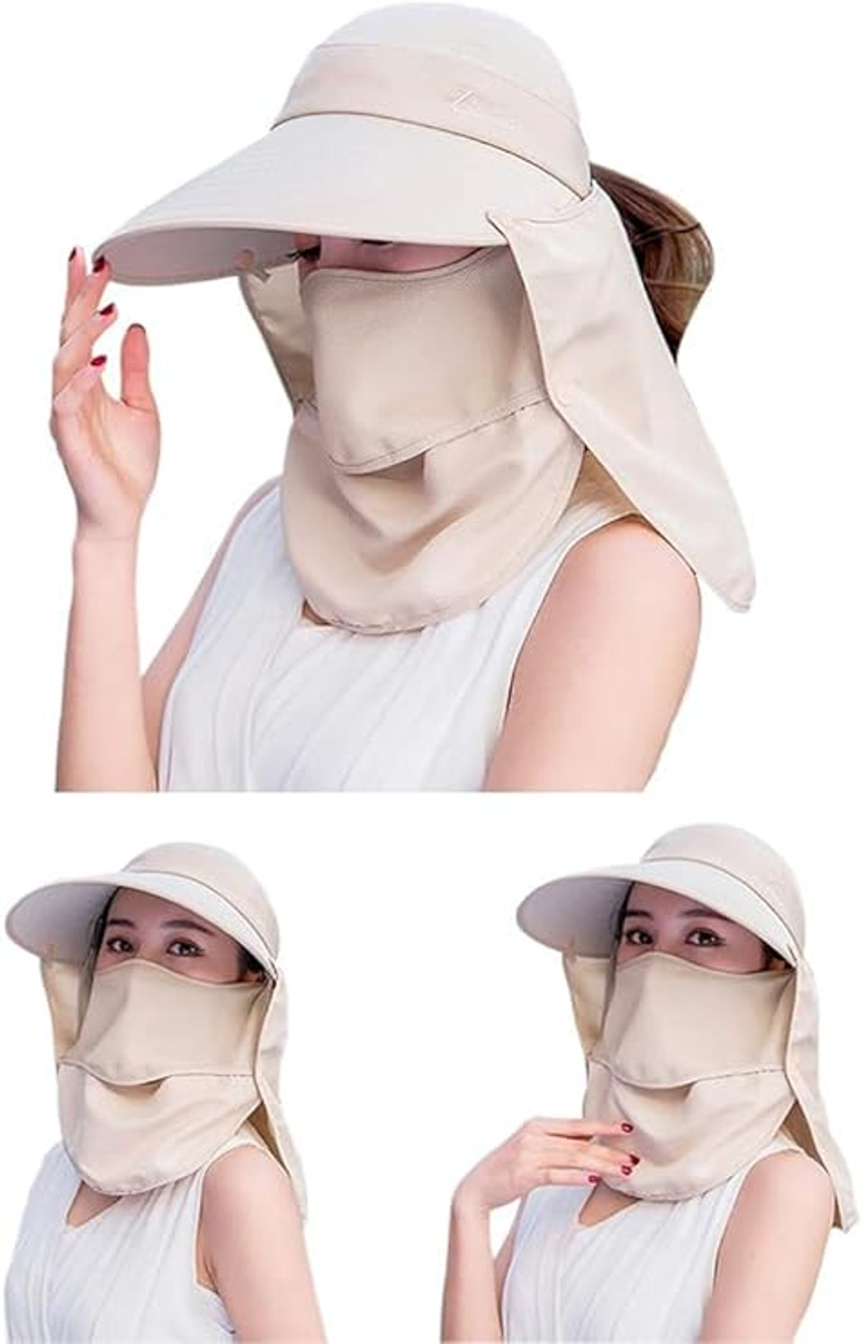 INFINIBYTE Beige UV Sun Hat – Wide Brim Outdoor Cap with Face & Neck Cover for Women