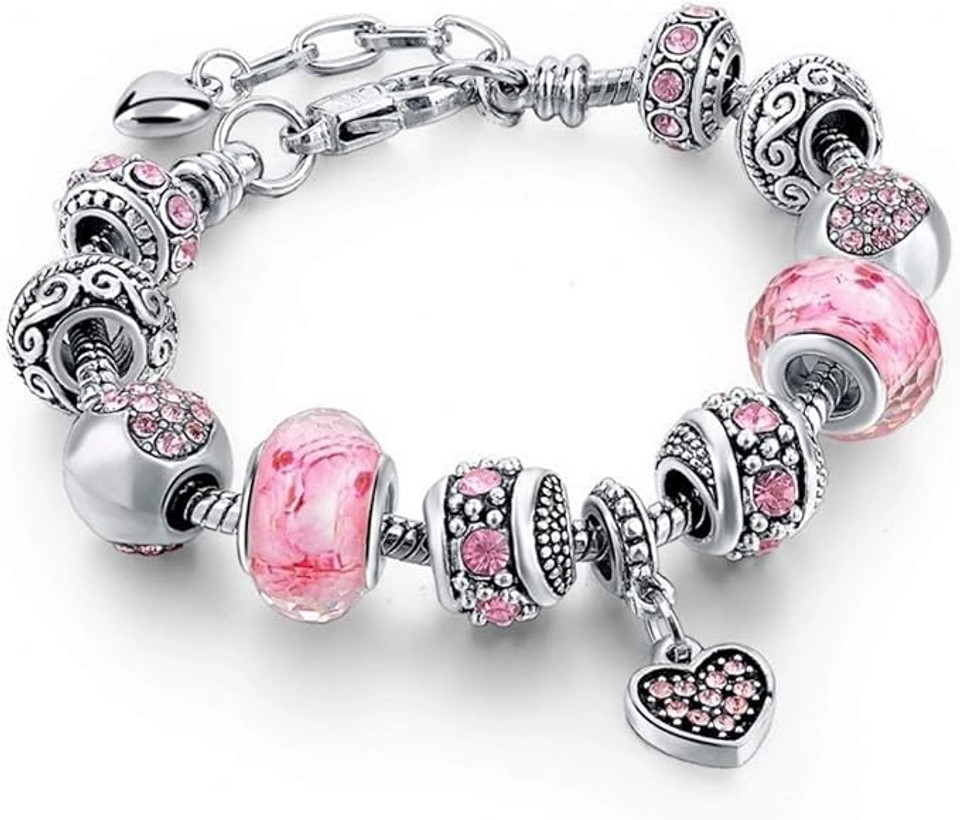 Charming Pink Hearts Bracelet – Silver Plated Charms & Adjustable Snake Chain, Elegant Beaded Jewelry Gift