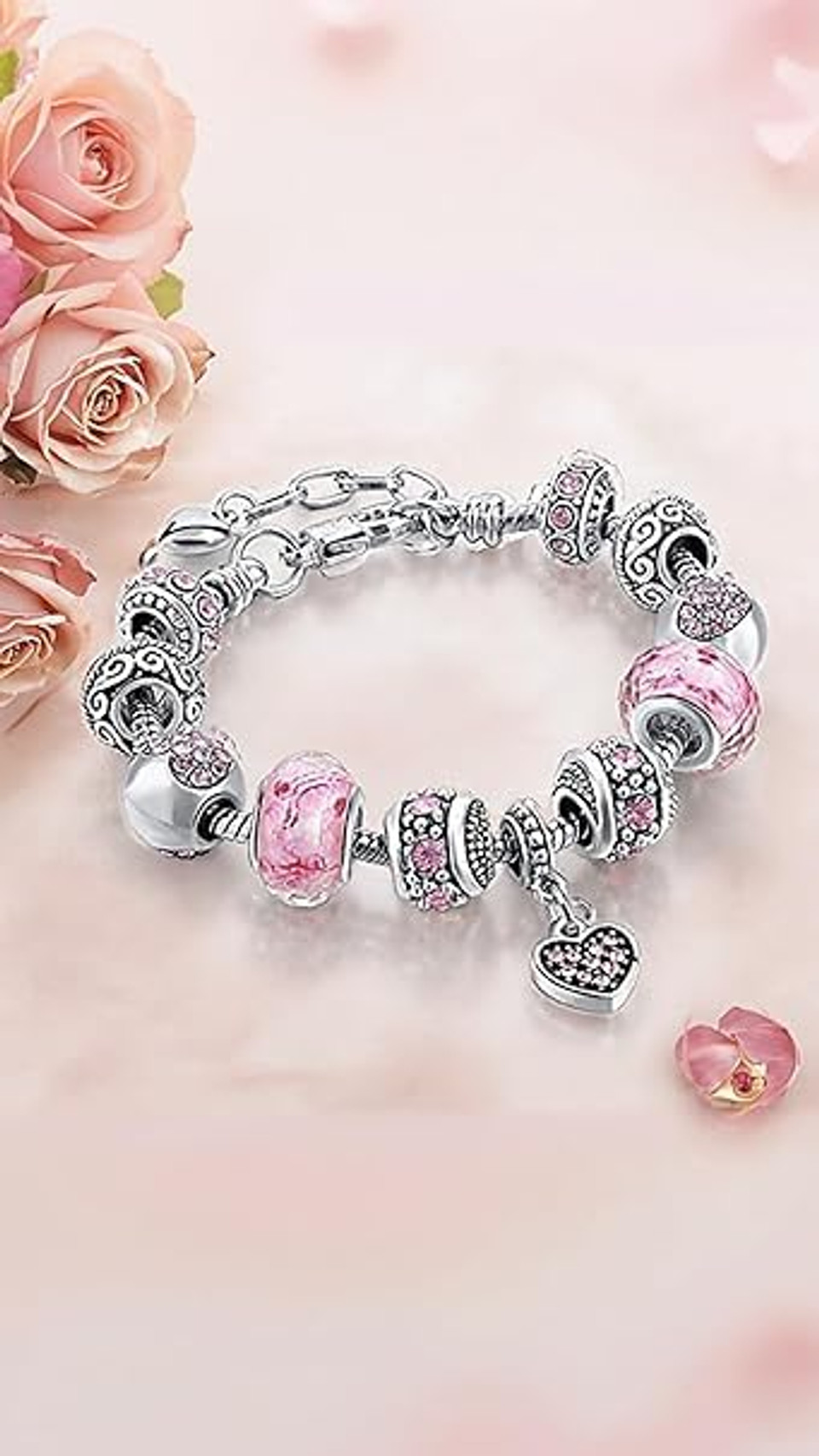 Charming Pink Hearts Bracelet – Silver Plated Charms & Adjustable Snake Chain, Elegant Beaded Jewelry Gift