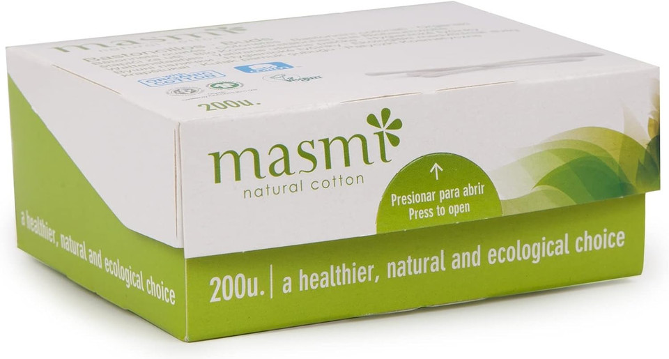 Masmi Organic Vegan Cotton Buds compressed paper stick 100% biodegradable not Chlorine bleached (3 x 200)