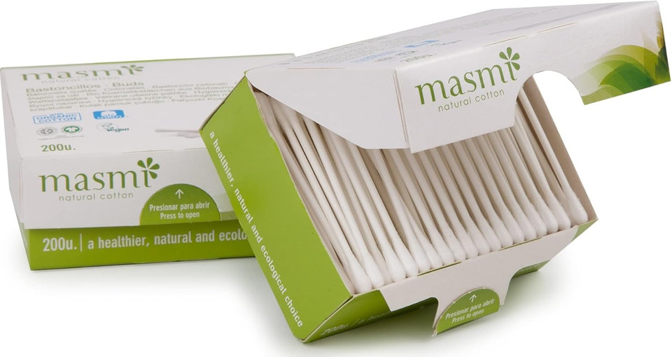 Masmi Organic Vegan Cotton Buds compressed paper stick 100% biodegradable not Chlorine bleached (3 x 200)