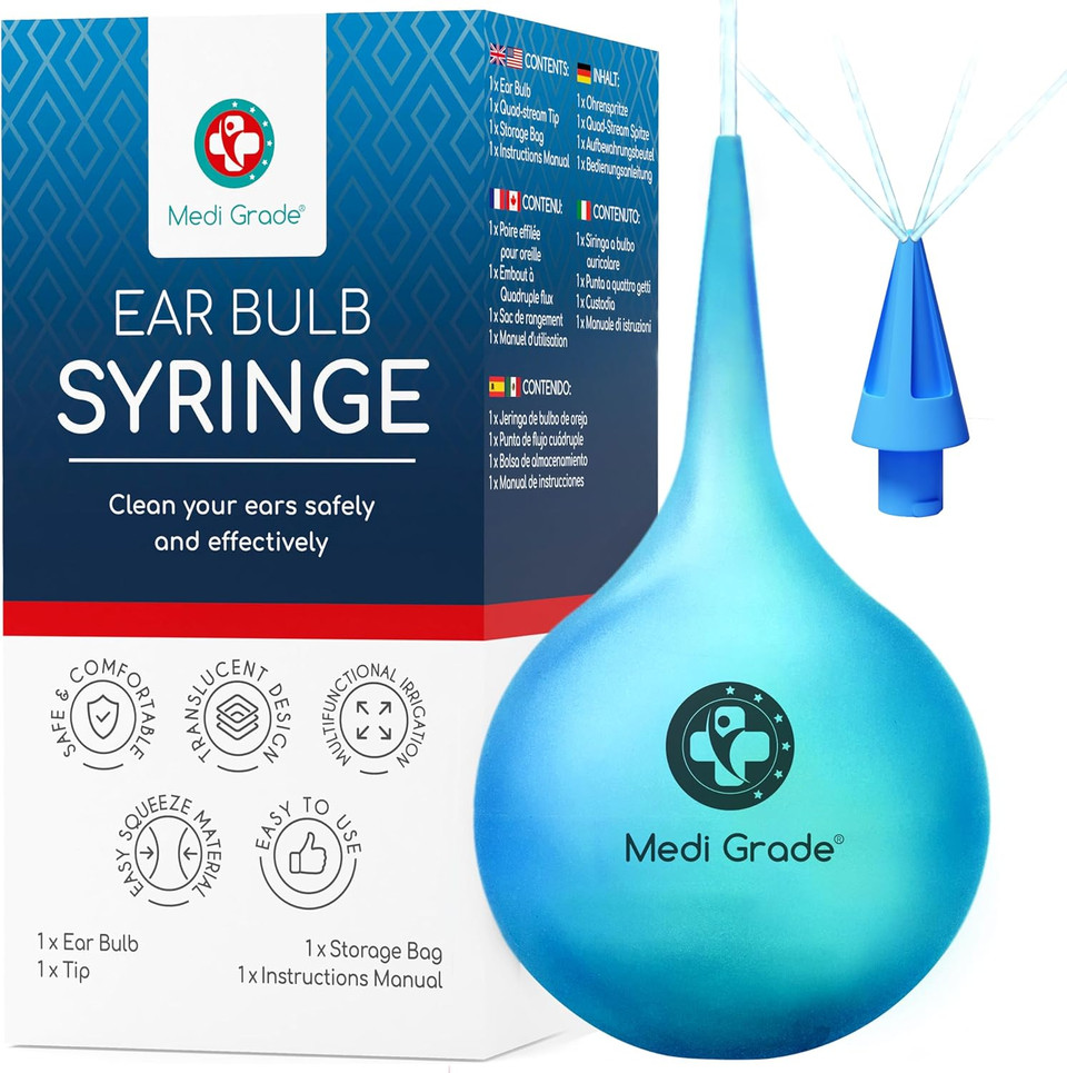 Medi Grade Ear Bulb Syringe Ear Wax Removal Kit, 75 ml - Translucent Bulb Ear Syringe Kit for Removing Ear Wax and Improving Hearing with Ear Cleaner Quad-stream Tip - Ear Wax Remover Ear Cleaning Kit