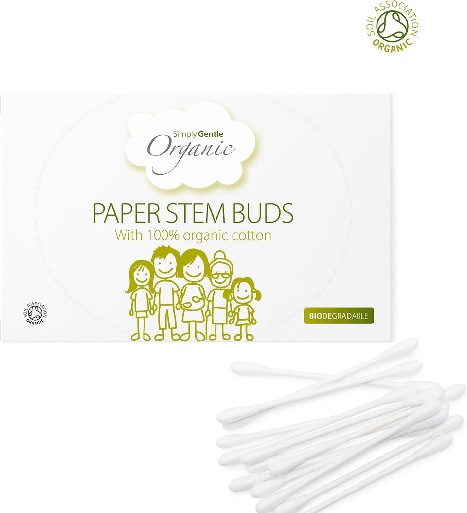 Simply Gentle Organic, Cotton Buds - 100% Organic Cotton & FSC Paper Stems - for Cleaning Delicate Areas Around Eyes & Outer Ears - Eco Friendly & Biodegradable - 200 Buds x 4 Packs