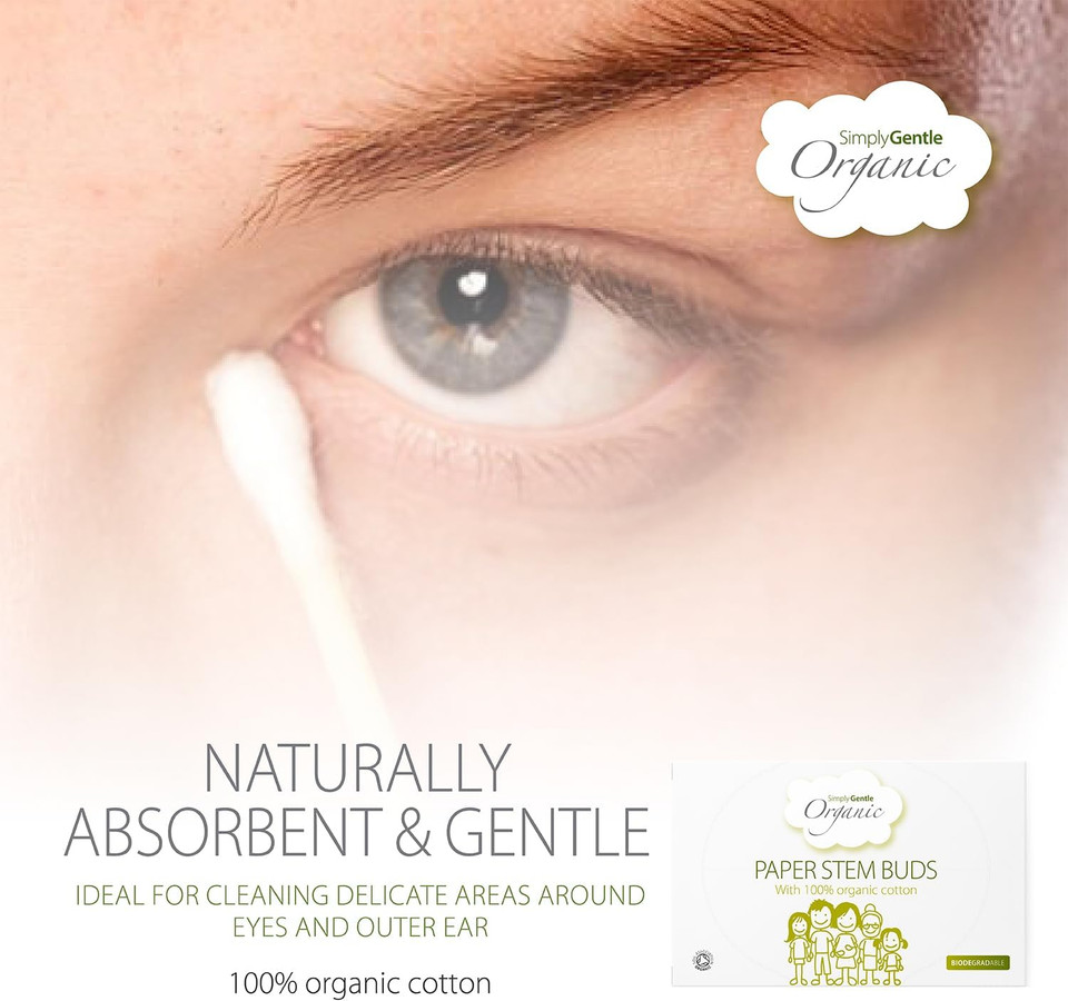 Simply Gentle Organic, Cotton Buds - 100% Organic Cotton & FSC Paper Stems - for Cleaning Delicate Areas around Eyes & Outer Ears - Eco Friendly & Biodegradable - 200 Buds x 6 Packs
