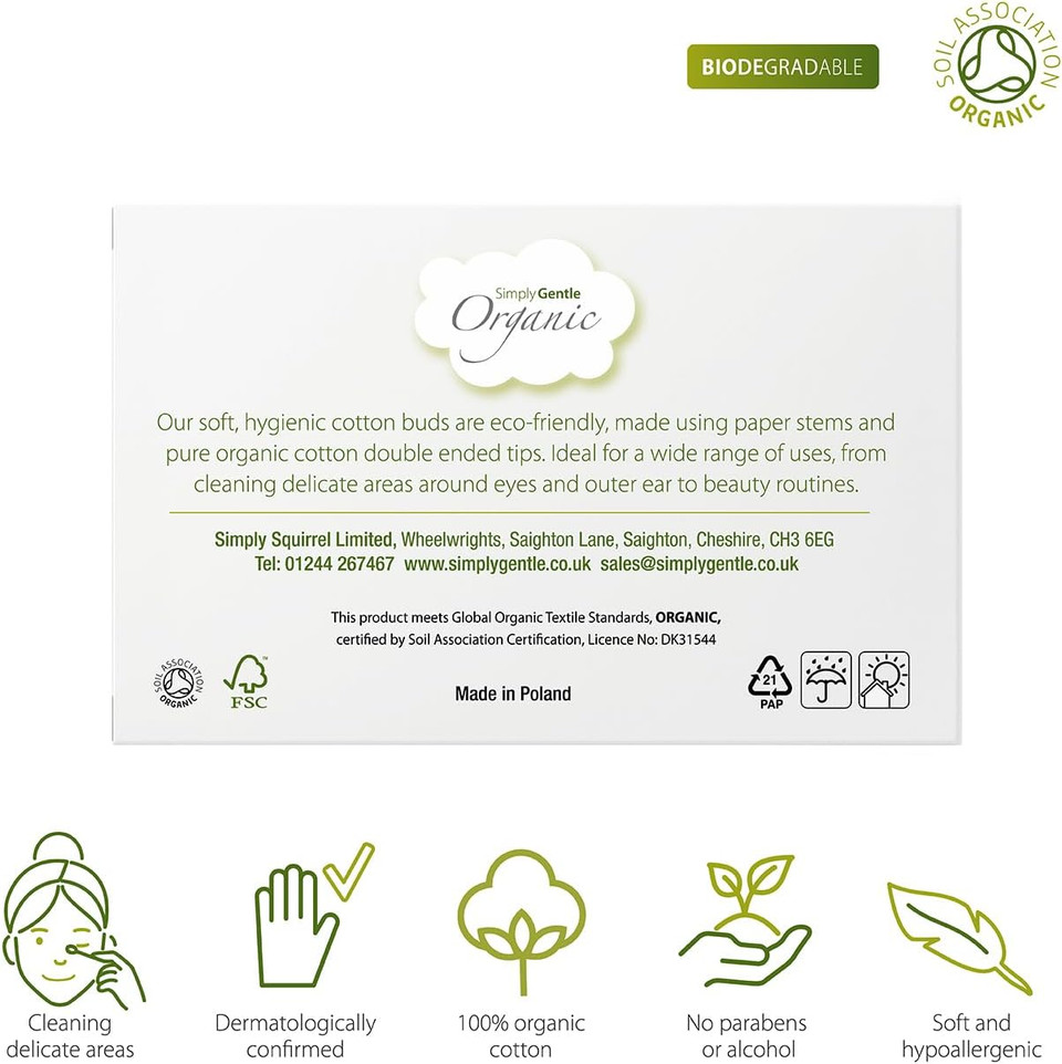 Simply Gentle Organic, Cotton Buds - 100% Organic Cotton & FSC Paper Stems - for Cleaning Delicate Areas around Eyes & Outer Ears - Eco Friendly & Biodegradable - 200 Buds x 6 Packs