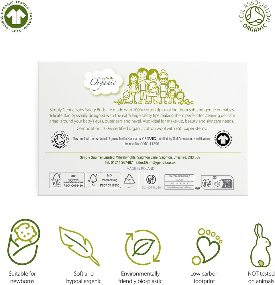 Simply Gentle Organic, Baby Safety Buds - Eco-Friendly & Biodegradable Buds, 100% Organic Cotton & FSC Paper Stems - Soft & Hypoallergenic, Suitable for Newborns - 72 Buds (Pack of 3)