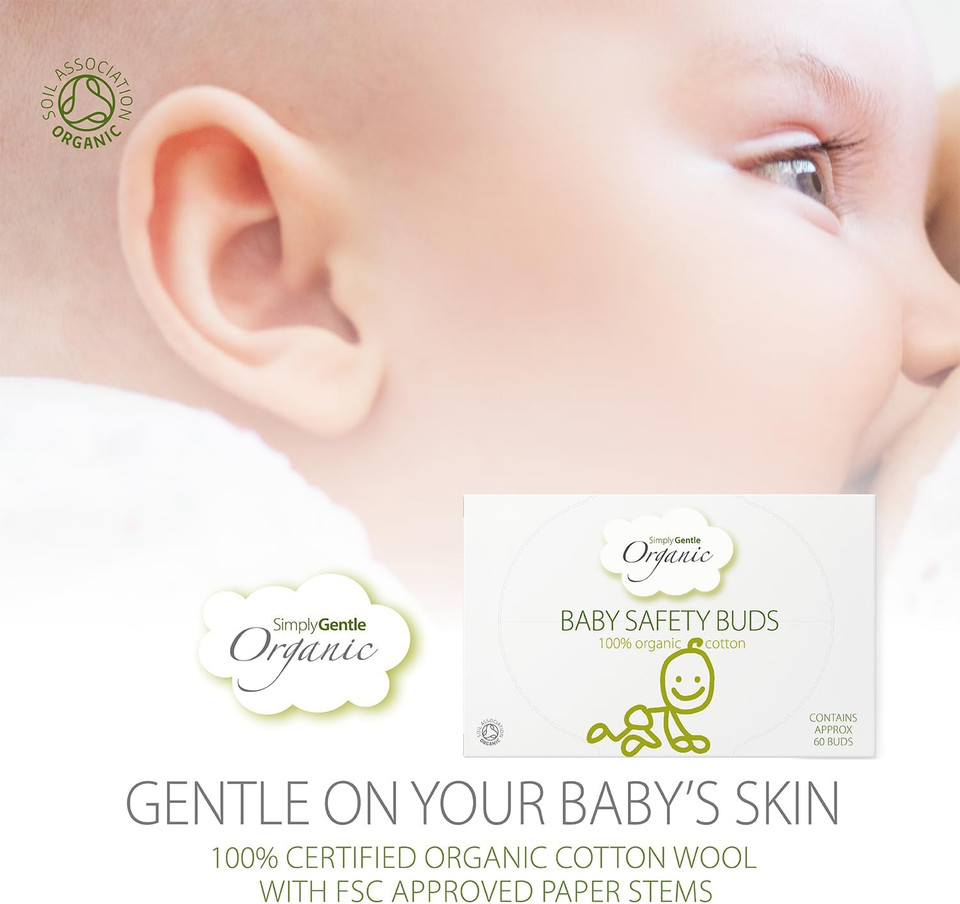Simply Gentle Organic, Baby Safety Buds - Eco-Friendly & Biodegradable Buds, 100% Organic Cotton & FSC Paper Stems - Soft & Hypoallergenic, Suitable for Newborns - 72 Buds (Pack of 6)