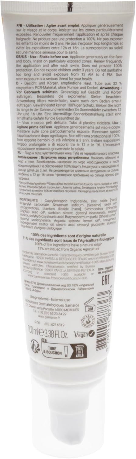 Bebe Face and Body Sensitive Skin Sun Fluid SPF 50 by Gamarde for Kids - 3.38 oz Sunscreen