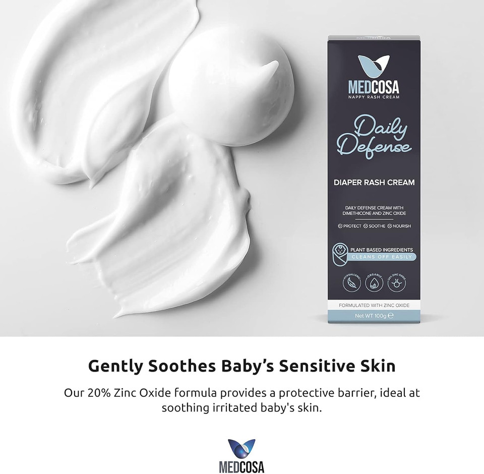 Medcosa Daily Defence Nappy Rash Cream - Moisturizing Barrier Cream for Quick Itch Relief - Zinc Oxide for Sweat & Nappy Rash - Reduces Redness, Irritation & Discomfort - 100g