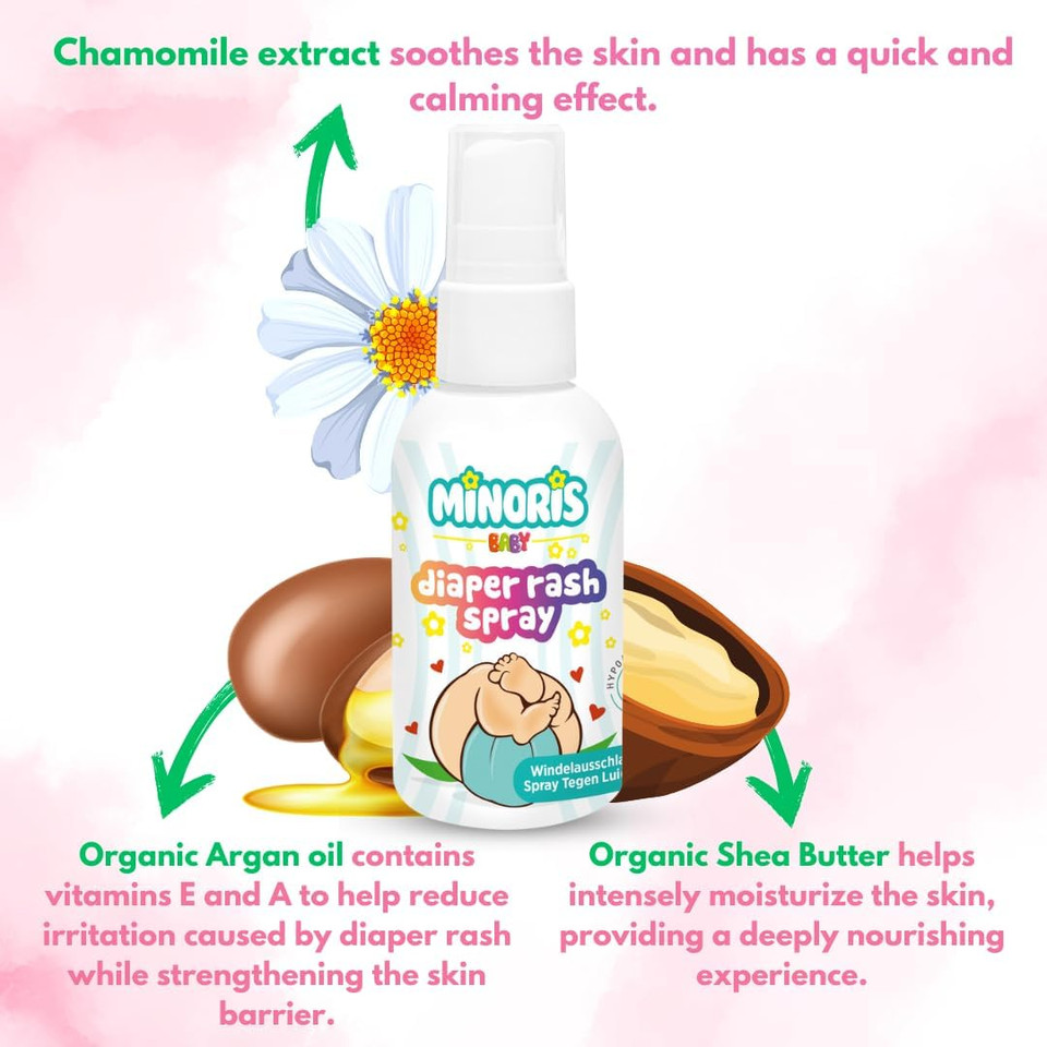 Minoris Baby Nappy Rash Spray, Diaper Rash Spray, Organic, Mineral & Vegan Content, Zinc Oxide, Hypoallergenic, Shea Butter, Soothe, Protection Baby Diaper Rash, Dermatological Tested, No-Touch 100ml Minoris Baby Nappy Rash Spray, Diaper Rash Spray, Organic, Mineral & Vegan Content, Zinc Oxide, Hypoallergenic, Shea Butter, Soothe, Protection Baby Diaper Rash, Dermatological Tested, No-Touch 100ml