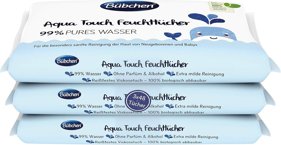 Bübchen Aqua Touch Wet Wipes for Newborns and Babies with 99% Pure Water (Pack of 3 x 48)