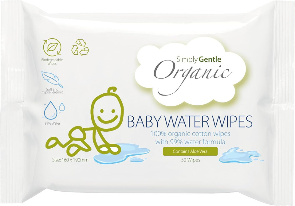 Simply Gentle Organic - Baby Water Wipes, 100% Organic Cotton with 99% Water Formula - Soft & Hypoallergenic, Suitable for Newborn - Chemical Free, Dermatological Tested - 52 (Pack of 20)