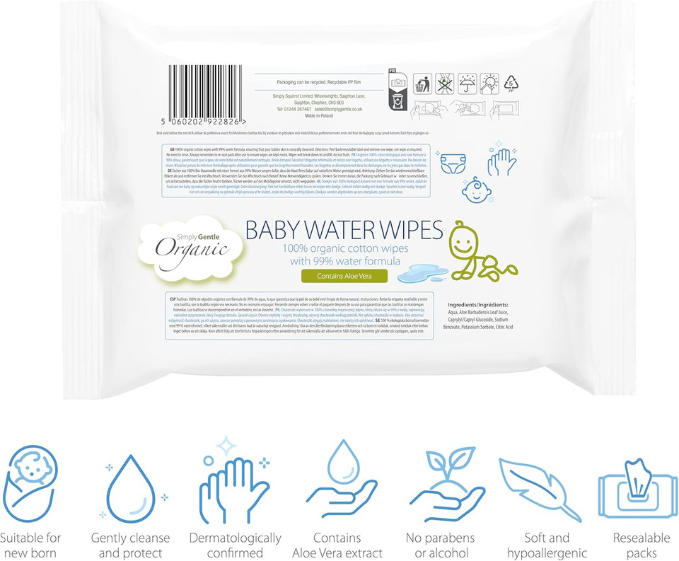 Simply Gentle Organic - Baby Water Wipes, 100% Organic Cotton with 99% Water Formula - Soft & Hypoallergenic, Suitable for Newborn - Chemical Free, Dermatological Tested - 52 (Pack of 3)