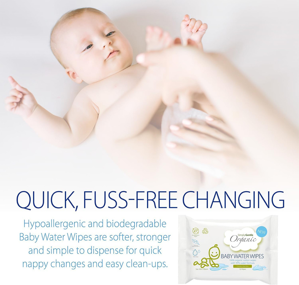Simply Gentle Organic - Baby Water Wipes, 100% Organic Cotton with 99% Water Formula - Soft & Hypoallergenic, Suitable for Newborn - Chemical Free, Dermatological Tested - 52 (Pack of 3)