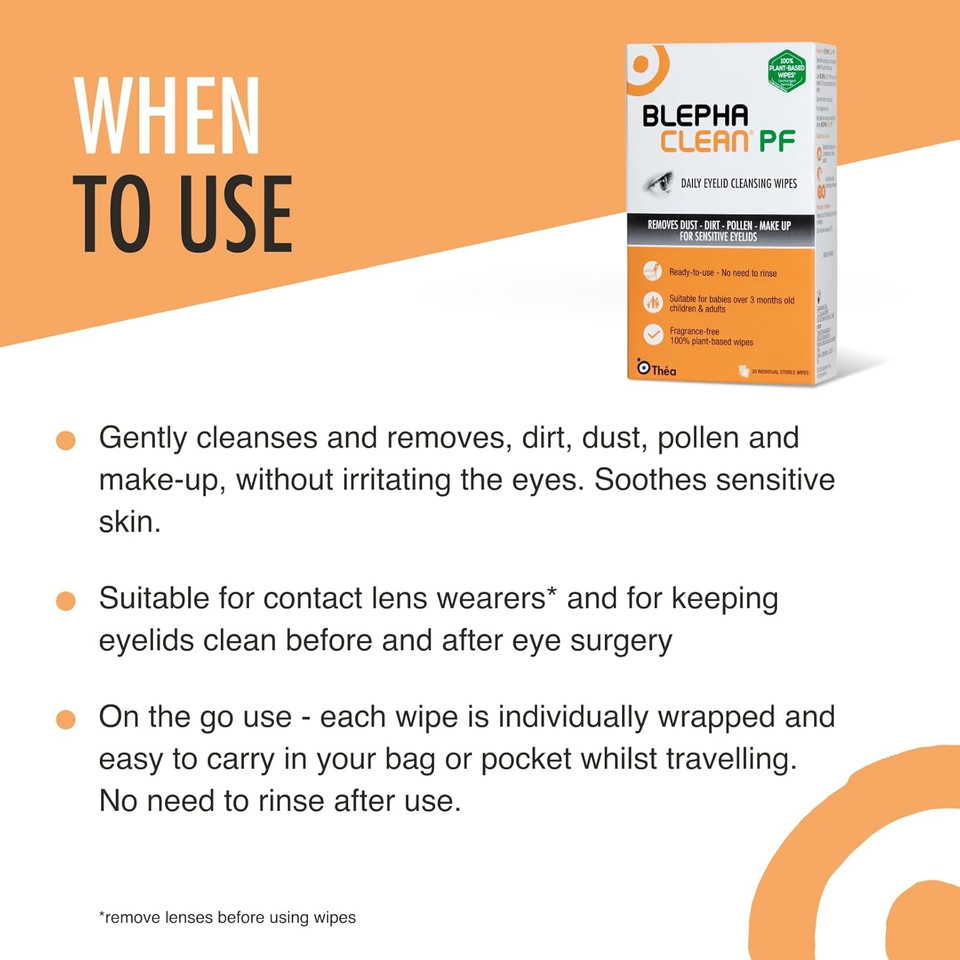 Blephaclean PF Daily Eyelid Wipes - Gentle Cleansing for the eyelids and skin around the eyes | Suitable for Babies (over 3 months old), children & adults | 20 Sterile Plastic-Free Wipes