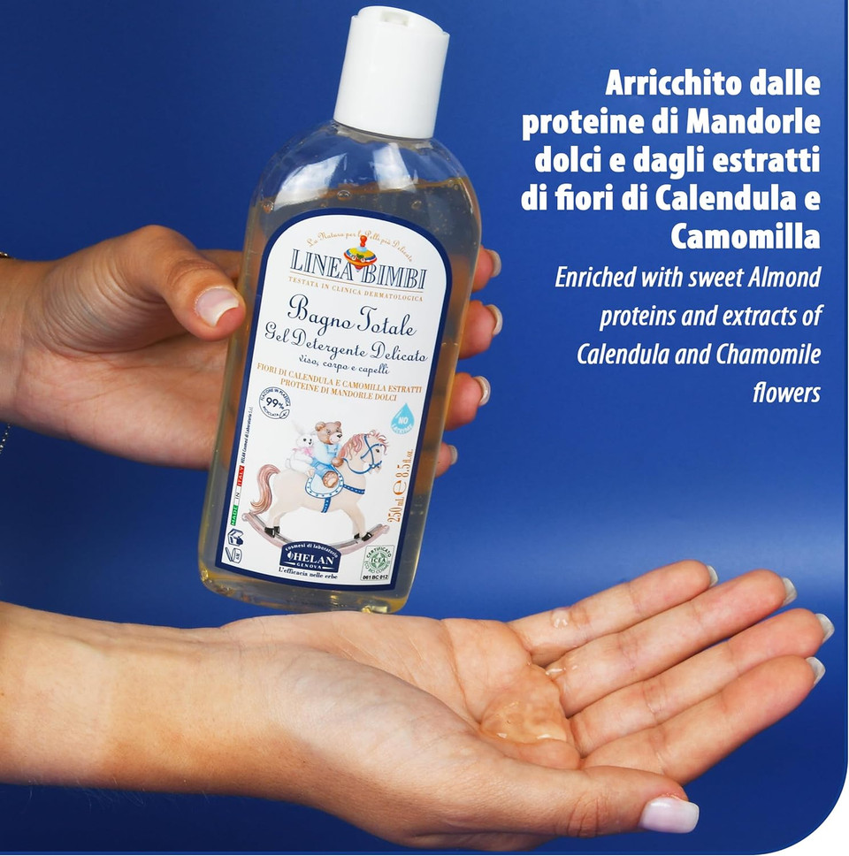 Helan, Linea Bimbi BIO, Baby Shampoo and Body Wash, Baby Wash Gel with Marigold & Chamomile Flower Extracts, Kids Shampoo & Gentle Cleanser with Sweet Almond Protein for Baby Bath, Made in Italy 250ml