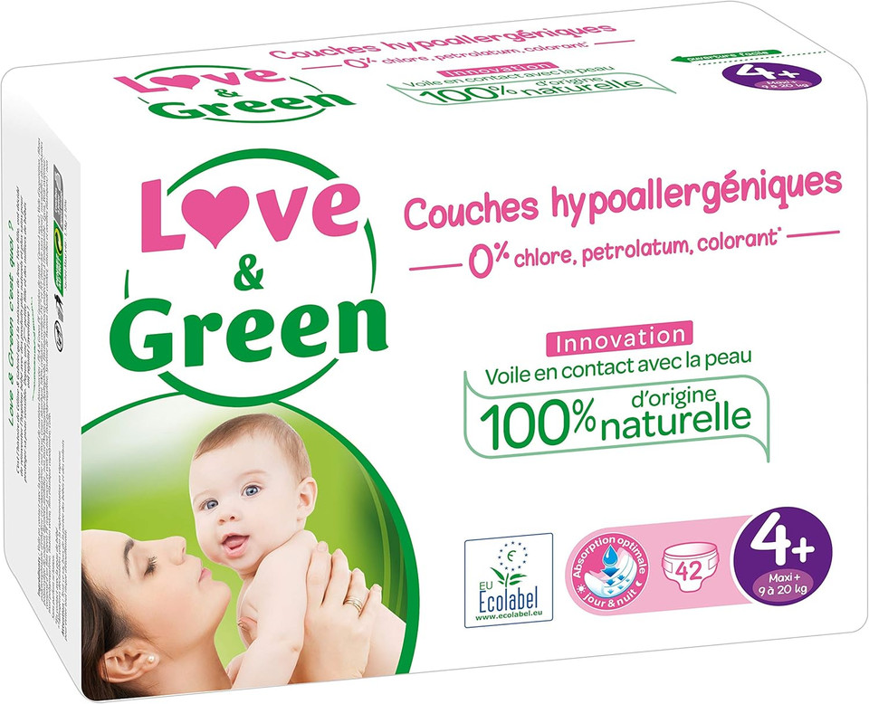 Love & Green Baby Nappies Hypoallergenic Size 4+ (9-20kg) 42 Nappies