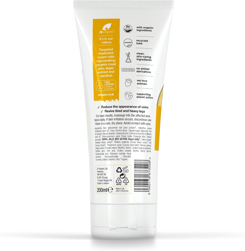 Dr Organic Skin Expert Leg & Vein Cream with Organic Royal Jelly, Moisturising, Heavy Legs, Natural, Vegetarian, Cruelty-Free, Paraben & SLS-Free, Recycled & Recyclable, 200ml, Packaging may vary