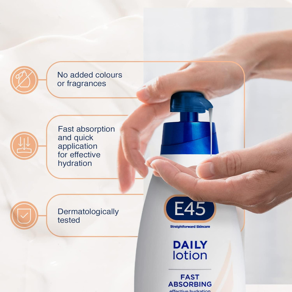 E45 Daily Lotion 400 ml for all Skin Types  Hydrating Non-Greasy Lightweight Moisturiser - Perfume-Free Long Lasting Body Face Hand Cream - Dermatologically Tested