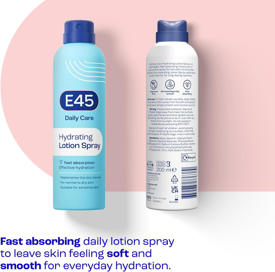 E45 Hydrating Lotion Spray 200ml Normal to Dry Skin - Fast Absorbing Moisturiser for Soft Skin and Lasting Hydration - Daily Lotion for Dry Sensitive Skin  Suitable for Eczema Prone Skin