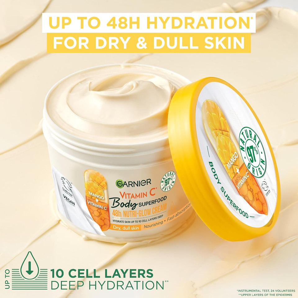 Garnier Body Superfood, Nutri Glow Body Cream, Vitamin C & Mango, for Dry & Dull Skin, Brightening & Glowing, Nourishing & Fast Absorbing, Vegan Formula, Approved by Cruelty Free International, 300ml