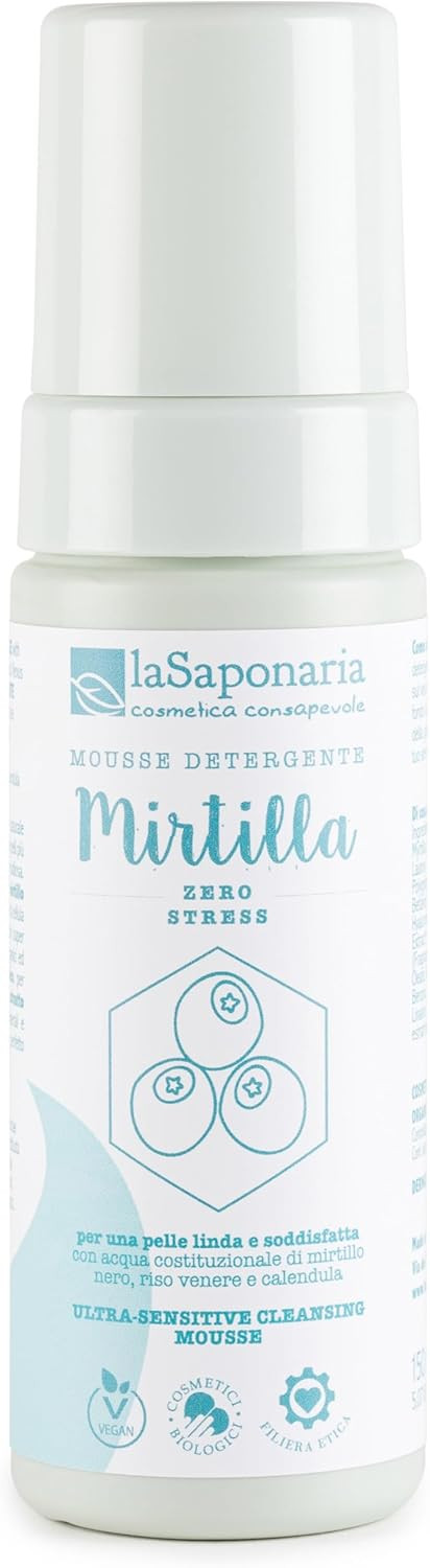 La Saponaria Mirtilla Cleansing Mousse, Hyaluronic Acid, Antioxidant, Moisturising, Marigold, Dermatologically Tested, All Skin Types, Natural, Vegan, Cruelty-Free, Ocean Plastic, Organic, 150ml