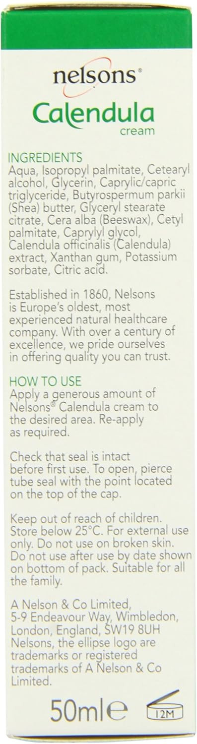 Nelsons Calendula Cream (50ml), Gentle Moisturiser For Face Hands Body, For Soothing and Hydrating Dry, Rough Skin, Non-Greasy, Paraben & Fragrance Free, Uses Calendula (Marigold) Plant Extracts