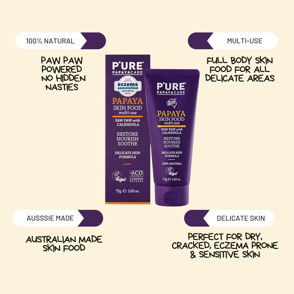 Paw Paw Skin Food 75g - P'URE PAPAYACARE Face and Body Organic Lotion For Dry Skin | 100% Natural Cream and Lotion Treatment for Eczema & Repair Dry Skin with Shea Butter & Calendula