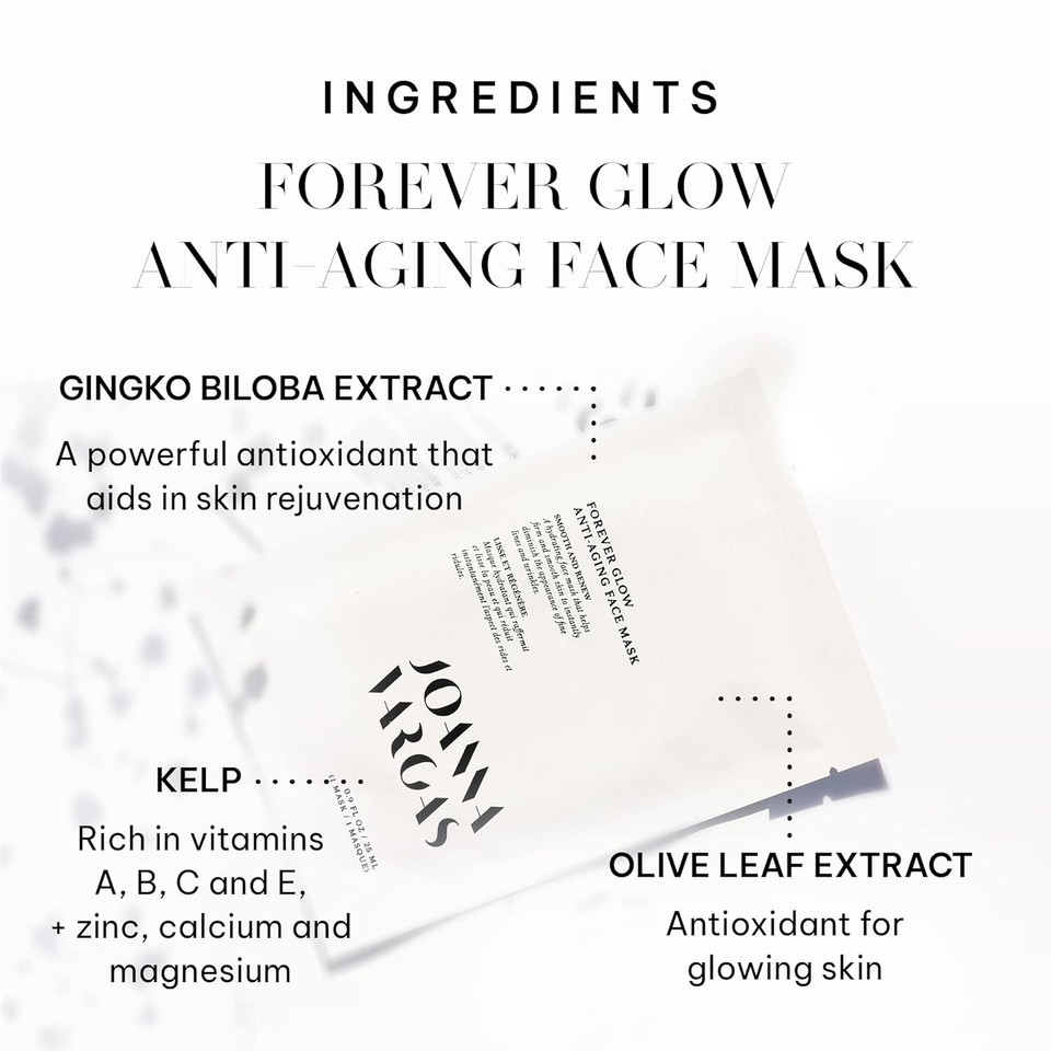 Joanna Vargas Forever Glow Anti-Aging Face Mask. Hydrating Bamboo Sheet Mask Firms And Smooths Skin. Diminishes Appearance Of Fine Lines And Wrinkles. 5 Sheets (4.5Oz / Sheet)0.9 Fl Oz (Pack Of 5)