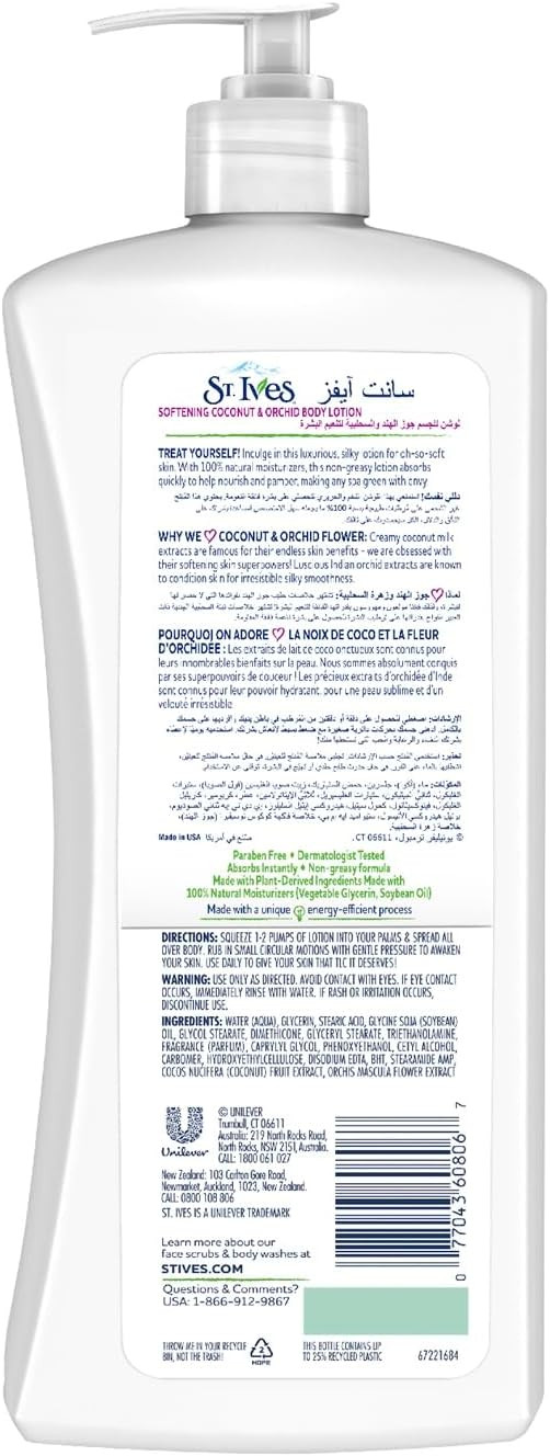 St. Ives Softening Hand & Body Lotion Moisturiser for Dry Skin Coconut & Orchid Made with 100% Natural Moisturisers 21 oz / 621ml