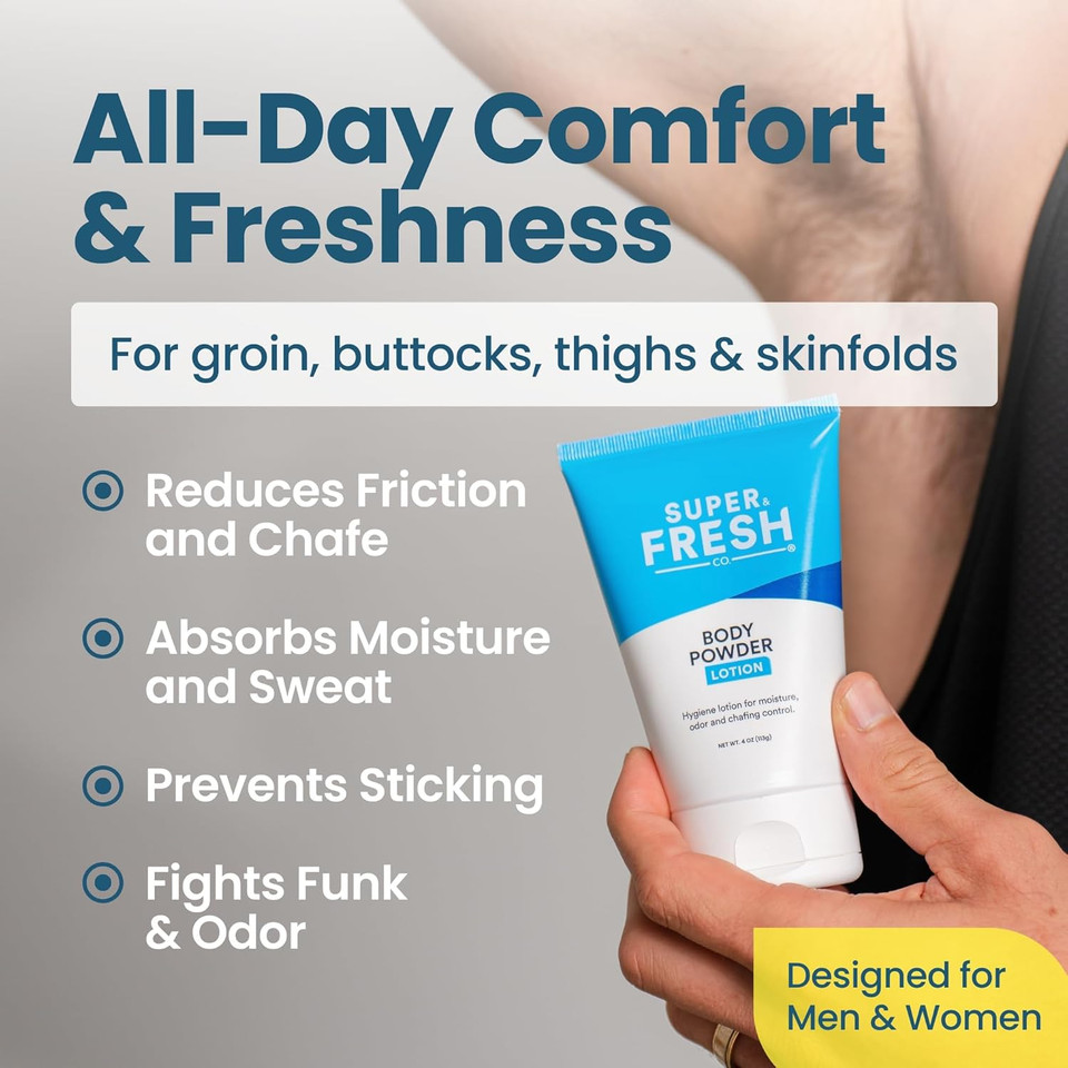 Super Fresh Body Powder Lotion by SweatBlock - Talc Free, Anti-Chafing, Deodorizing, Natural Ingredients - No Mess Body Powder Lotion for Men and Women - 4 fl oz Super Fresh Body Powder Lotion by SweatBlock - Talc Free, Anti-Chafing, Deodorizing, Natural Ingredients - No Mess Body Powder Lotion for Men and Women - 4 fl oz