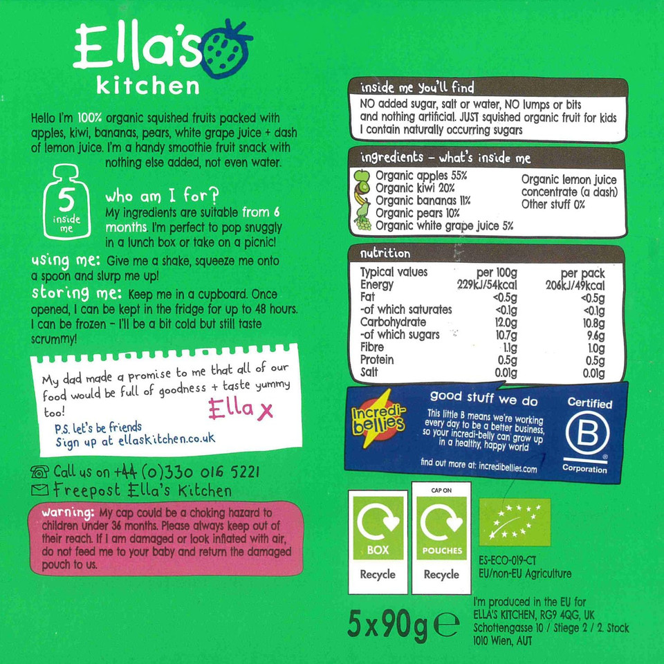 Ella's Kitchen The Green One Organic Fruit Smoothie, 5 x 90g