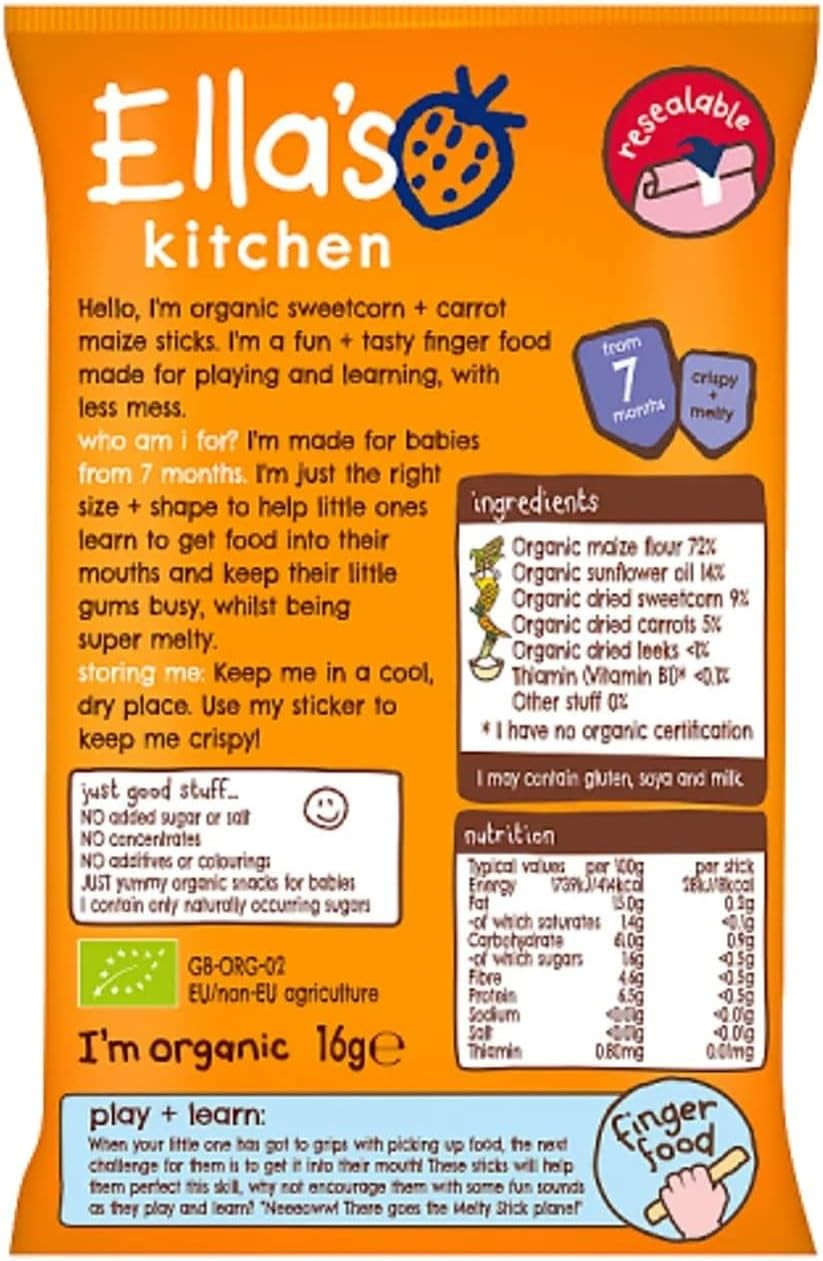 Ella's Kitchen Sweetcorn and Carrot Melty Sticks from 7 Months, 16g