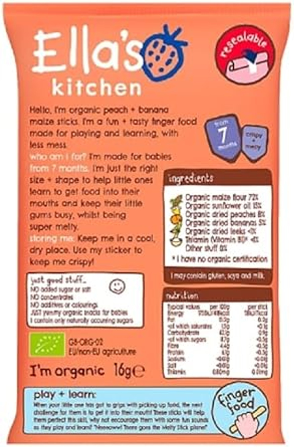 Ella's Kitchen Peach & Banana Melty Sticks, 16g