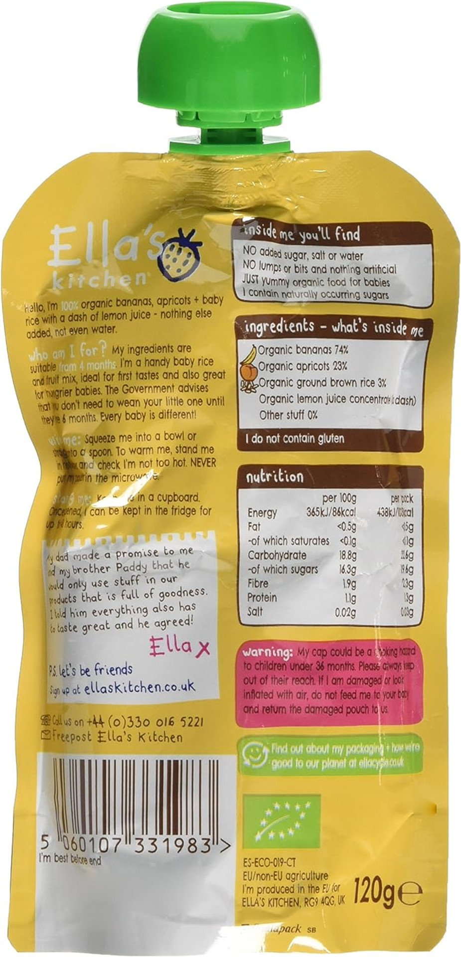 Ella's Kitchen Stage 1 From 4 Months Organic Banana and Apricot Baby Rice (Pack of 7), 120 g