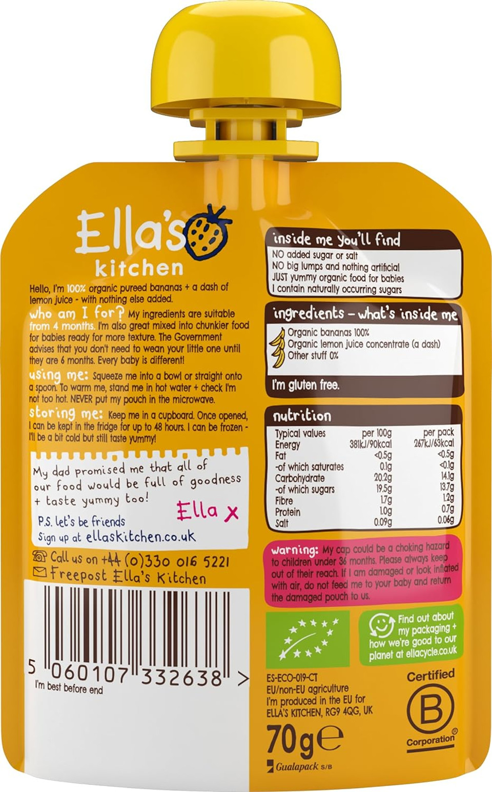 Ella's Kitchen Stage 1 From 4 Months - Bananas 70 g, Pack of 7 [Packaging may vary]
