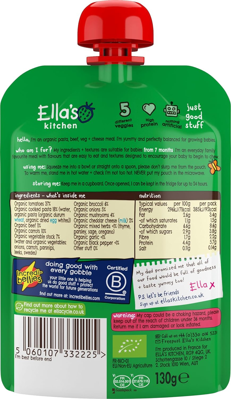 Ella's Kitchen Stage 2 from 7 Months Organic Wonderfully Warming Beef Stew with Spuds 130 g (Pack of 6)