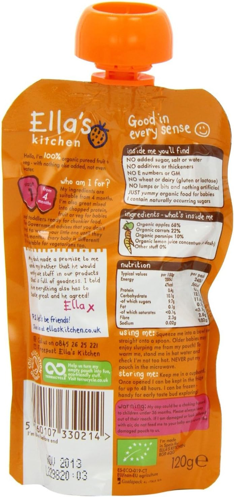 Ella's Kitchen - Stage 1 Baby Food - Butternut Squash, Carrots, Apples & Prunes - 120g (Pack of 5)