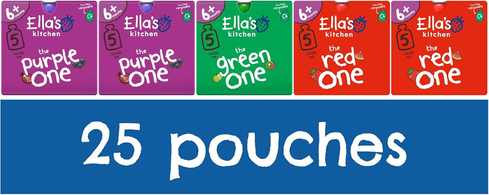 Ella's Kitchen Organic Fruit Smoothie Assortment, (Red, Purple, Green, Yellow and Pink), Pack of 25 Pouches