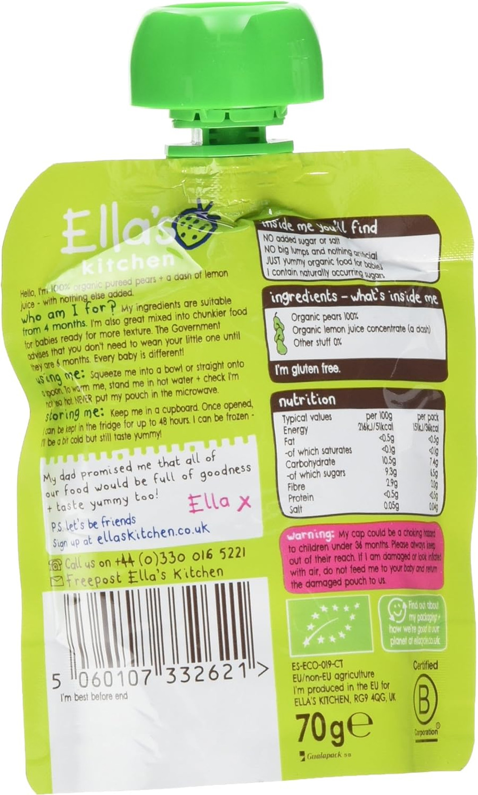 Ella's Kitchen Organic Pears First Tastes Baby Pouch 4+ Months, 70g (Pack of 3)