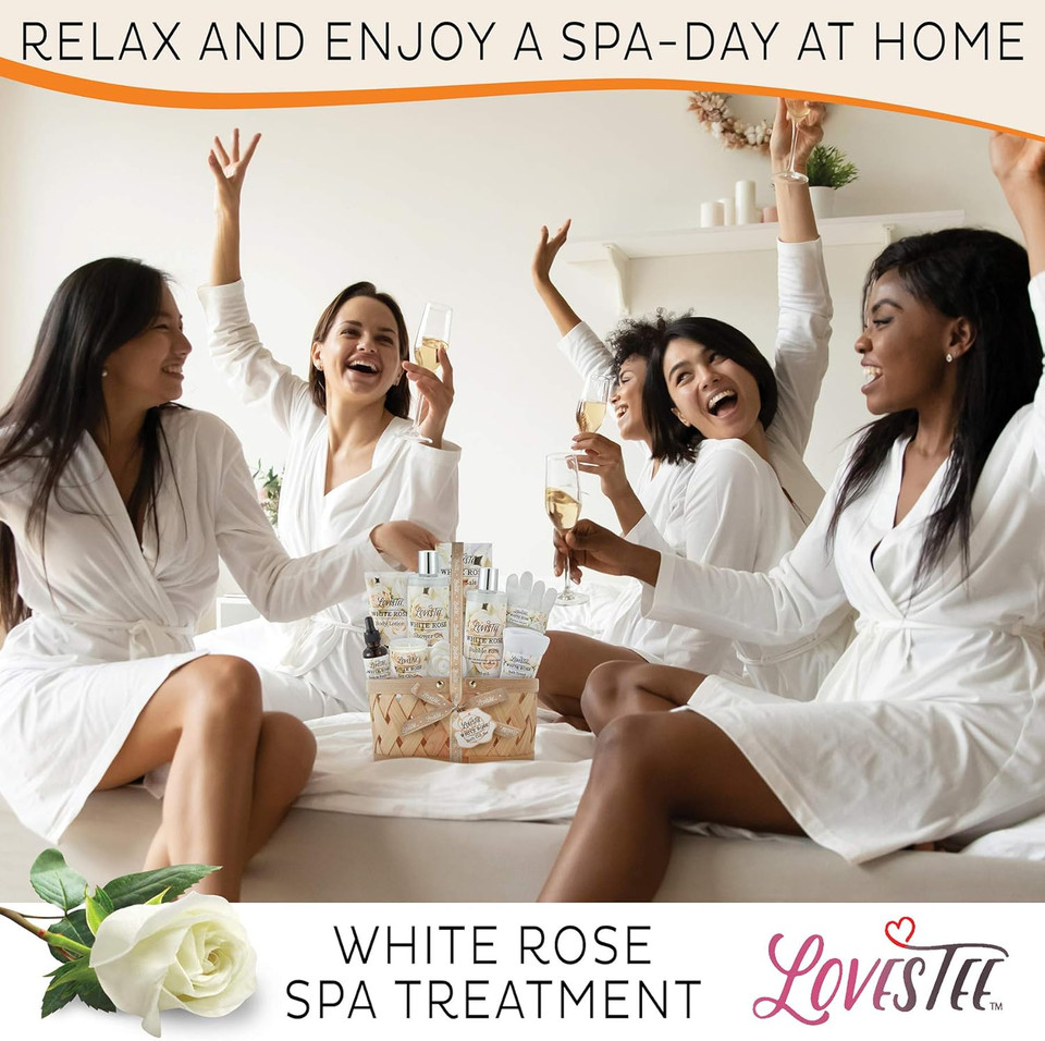 Lovestee White Rose Spa Gift Basket for Women & Men, Luxury Spa Essentials, Body Lotion, Shower Gel, Bubble Bath, Bath Salt, Towel, Soap, Oil, Candle, Gloves