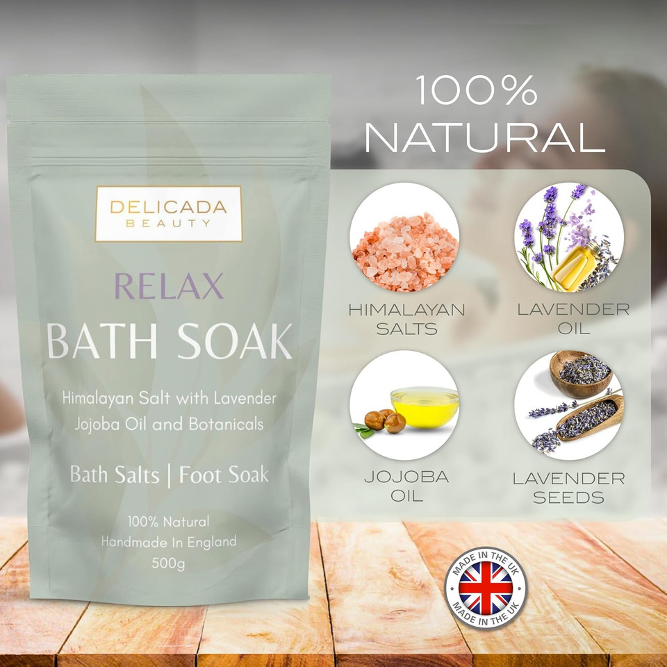 Bath Salts | Foot Soak | Himalayan Salts with Lavender and Jojoba Essential Oils | Treat Aches | Muscle Recovery | Tired Feet | Nail Care | Cotton Bag & Wooden Scoop | (500g) (Relax) Bath Salts | Foot Soak | Himalayan Salts with Lavender and Jojoba Essential Oils | Treat Aches | Muscle Recovery | Tired Feet | Nail Care | Cotton Bag & Wooden Scoop | (500g) (Relax)