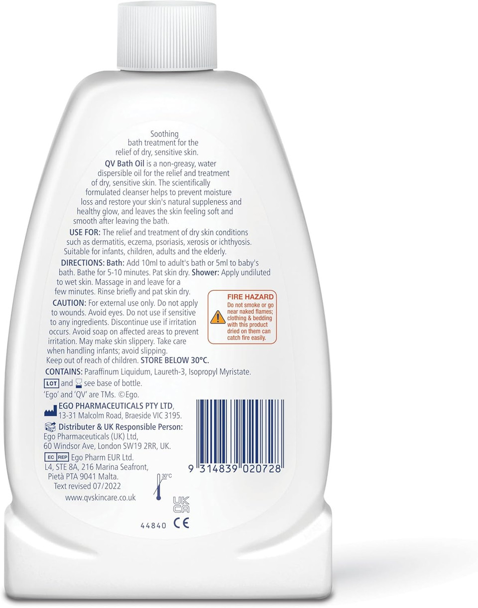 QV Bath Oil (250 ml) Moisturising Bath Soak for Sensitive Skin, Relief from Dry Itchy Skin, Gentle pH Balanced Formula, Fragrance Free, Soap Free, Non Greasy, Noncomedogenic Bath Soak QV Bath Oil (250 ml) Moisturising Bath Soak for Sensitive Skin, Relief from Dry Itchy Skin, Gentle pH Balanced Formula, Fragrance Free, Soap Free, Non Greasy, Noncomedogenic Bath Soak