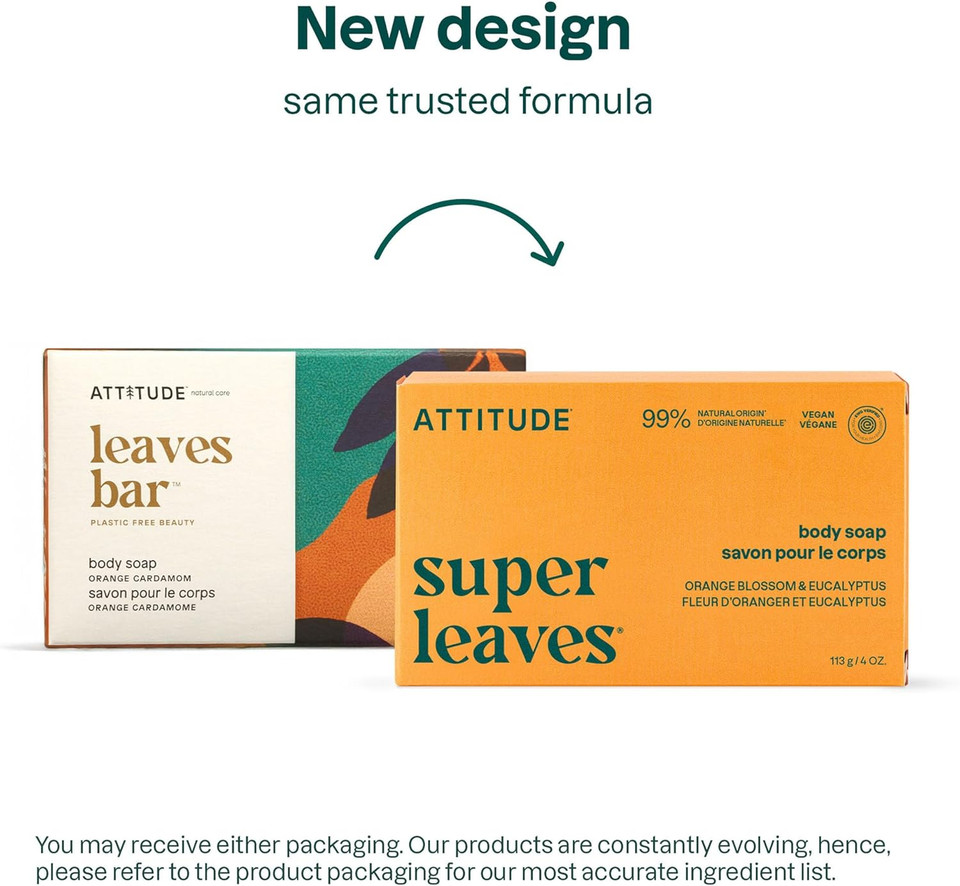 ATTITUDE Body Soap Bar, Natural Origin, Protects and Softens Dry Skin, Coconut & Olive Oils, For Men and Women, EWG Verified & Vegan, Orange Cardamom, 113 g