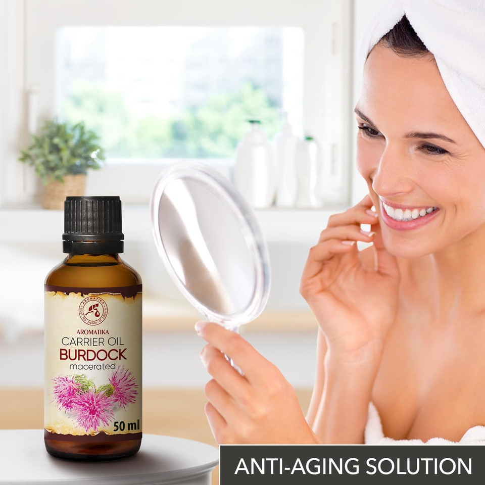 Burdock Oil 50ml - Arctium Lappa Root Extract - 100% Pure & Natural - Best Hair Oil - Great Benefits for Skin - Hair - Face - Body Care - Glass Bottle - Oils Burdock Seed